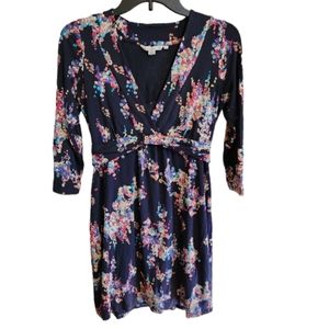 BODEN Blue Floral V Neck Dress Jersey Knit Size 10R Women's 3/4 Sleeve